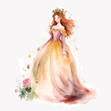 .''princess flora full body watercolour clipart high quality'' smilee face large dress without flowers