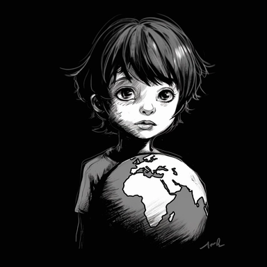 beautiful sketch of a cute child with planet Earth instead of his pupils, simple unicolor white clipart, hd, on black background, spaced out,--ar 3:2