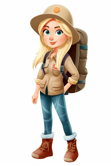 pretty mom straight blonde hair in a camping outfit, cartoon style, clipart, white background, transparent background