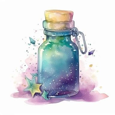 cartoon bottle of fairy dust, with a tag attached, glowing lights stars and sparkles, colors of green purple gold and blue, glamorous realistic and detailed, watercolor, white background with margins, clipart style