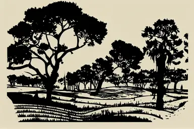 golf course silhouette, linocut, clipart