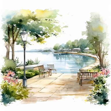 Watercolor, a lakeside courtyard in bloom, clipart on white background.