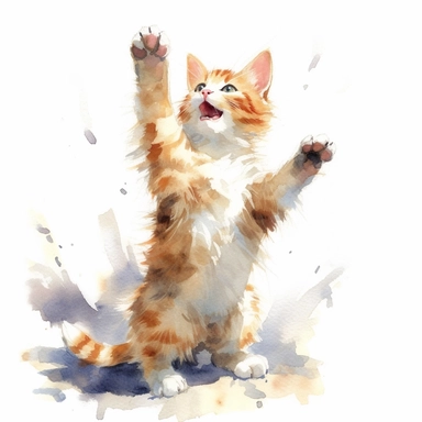 A happy kitten dancing, watercolor painting by JOHN SINGER SARGENT, clipart, white background