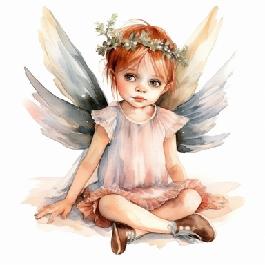 little girl, big eyes, dressed as a fairy with wings on her back, beautiful and happy, she is sitting and head is turned towards camera, very detailed and realistic, watercolor, white background with margins, clipart style