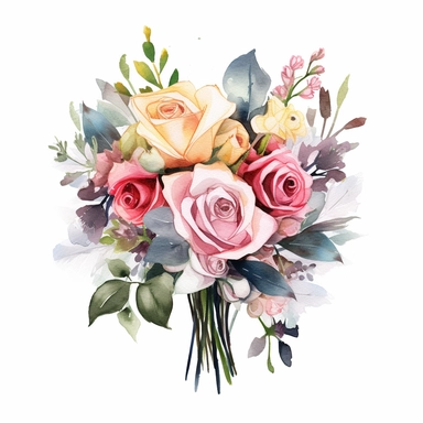 watercolor painted bouquet of mixed colored roses clipart, Flower Border clipart, Minimalist Flower Bouquet clipart, mixed colored roses Clipart roses painting formal glamour elegant style wedding floral bouquet, wedding clipart include babys breath flowers in the bouquet 4
