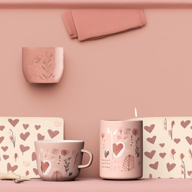An image filled with loving, homely items that symbolize motherhood, such as a steaming coffee mug, a calming candle, a comfy pillow, and a heart-shaped pendant, all crafted in a paper-cut style. Each item interlinks seamlessly, set against a soft, pastel-toned backdrop, creating an enchanting pattern that encapsulates the warmth and care associated with a mother's love. in Clipart style
