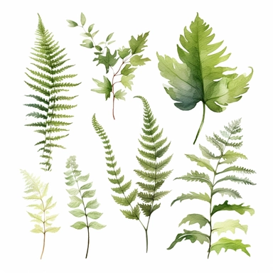 clipart of forest ferns, watercolor, white background, 8k