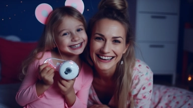 American girl with Mother, High Bright, 5-6 years old, Holding an alarm clock, Cute headphone, Caucasian, Blue eyes, Cute smile, Showing teeth, Sweet laughter, Playful, Cute, Looking at camera, Colorful LED light, Full-body shot, Children's room background, Playful and cute, Child-friendly furniture, Colorful decorations, Dreamy, Blurred background, Glowing rabbit ear, hair clip, Large sensor camera, diffused lighting, High-definition,