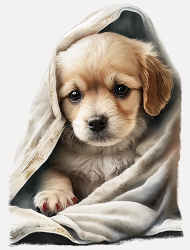 baby dog in a blanket, watercolor clipart, transparent background,
