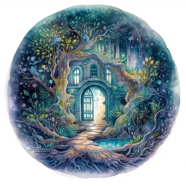 watercolor, hyper realistic, white background, white margins, 16k, ultra detailed clipart, cut out image, hand-drawn, whimsical a magical portal hidden deep in the heart of a dark forest with swirling colors and glowing runes. The color scheme should be a blend of deep blues, purples, and greens with hints of silver and gold.