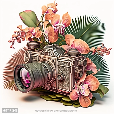 clipart of an antique 1 long lens only professional colector photo camera, surrounded by an intricate arrangement of dramatic extravagant digital 3D pink orchids, corail palm leaves, in the style of large-scale photography, lush detailing, 2d vector, cora