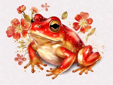 red gold watercolor Frog with flowers clipart with golden metallic line and some glitter, plain background, 8k, high resolution