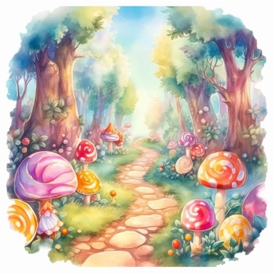 Fairytale style beautifull path in forest in the candyland with watercolor effect,candyland scene,candies,fantasy style,realistic features,vibrant colors,suitable for digital clipart,white background