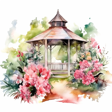 Watercolor Floral Gazebo in garden Clipart, white background