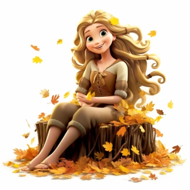 A beautiful tangled from disney sitting on so many mapple leaves, smiling, halloween, full body image, pixar style, clipart, white background, fall scene