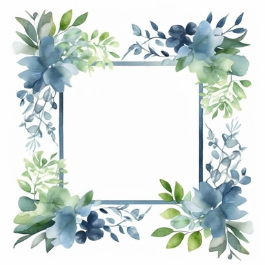 Create a cottagecore and charming square frame. The frame will serve as clipart and celebrate the beauty of nature.A square frame featuring a cluster of watercolor leaves concentrated at the corners. The leaves are adorned with soft and dreamy colors, blending shades of green, blue, and hints of pastel hues, giving the frame a charming and inviting feel. Leaves should be carefully tinted with vibrant hues that capture the essence of nature's lush foliage. The watercolor technique gives the work 