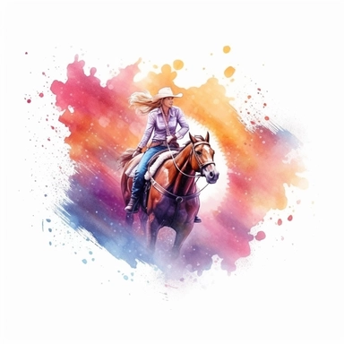 barrel racer illustration, nebular mix background, clipart, photorealistic illustration, watercolor, high detail, 8k polished, 8k, vibrant colors, sticker, majestic, die cut, white background