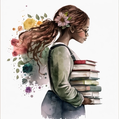 Watercolor effect, black woman with long braids holding stack of books in hand, looking to the other side, side view, hair covering her face, wearing jeans and a blouse, covered with flowers, pink, brown, and green fabric texture with watercolor effects, flowers, butterflies, clipart png 4k, 8k, Cozy pink, brown, and green