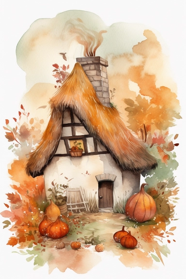 a watercolor clipart on white background of a cozy thatched roof cottage with stone walls and a chimney with smoke coming out, nestled among trees with leaves in shades of red, orange and yellow with vibrant autumn foliage and a pumpkin patch in the garden