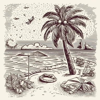 Line art, prominent coconut tree on a sunny beach, coconuts hanging, small crabs exploring at the base, beach towel and umbrella nearby, hatching for shadows, stipples for the sand texture, simplified forms for a clear, clipart-style beach scene