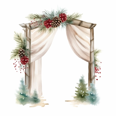 create a single arch Watercolor Clipart winter with snow covered pine cones, cranberries, pine trees, Christmas theme include sheer drapes, arbor, garland, poinsettia, mistletoe, white background, no text, no fonts
