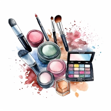Beauty cosmetic watercolor clipart with soft colors on a white background, featuring a range of makeup items such as lipstick, eyeshadow palette, mascara, and makeup brushes, executed in a delicate watercolor style with pastel hues,