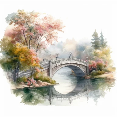 isolated on white illustration watercolor art of a elegant part of the lake embankment with flowering trees with summer flowers, Bridge, lace and embroidery, masterpiece by Thomas Kinkade style and by Guido Borelli da Caluso style, PNG clipart, isolated on white, extreme photorealistic details, 32k HD resolution, realistic high detailization high resolution