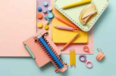 school supplies stock photo, royalty free stock images, and clipart, in the style of y2k aesthetic, light pink and azure, anti-clutter, minimalist designs, frequent use of yellow, storybook-like, eccentric props, orange and green
