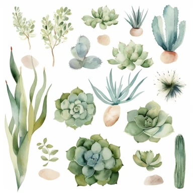 relaxed simple Watercolor Succulents Clipart Home watercolour plant Succulents digital clipart desert plant greenery png planner clipart Summer home decor, completely surrounded by white backround, zero overlap, no touching objects, all objects in the same foreground, no words