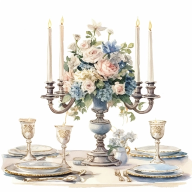 royal dining table setting with fine china, candelabras, and a centerpiece of fresh flowers, Clipart, watercolor, white background, intricate detail.