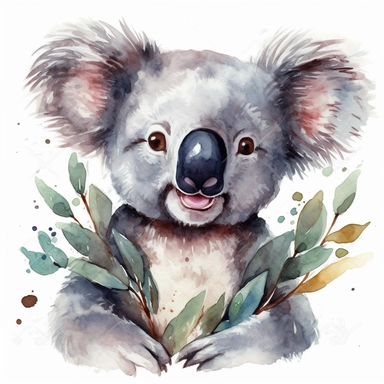 A Happy Koala smiling, standing up, watercolor painting, clipart, white background,