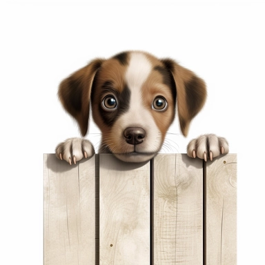 Picture a curious clipart puppy with wide eyes and a raised paw, peering over the edge of a doghouse, filled with anticipation and wonder against a clean white background.