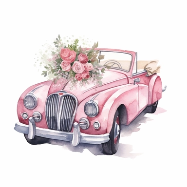 watercolour wedding car, clipart on white background, highly detailed, professional color gradation, clean sharpness