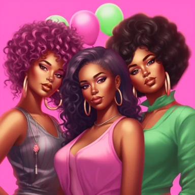 Group of african american sorority ladies, mid - thirties dressed in pink and green, hyper realistic, curly hair or long braids, slight smile, posing, super model style in soft clipart style in the style of lisa frank and charlie bowater and rus trans.