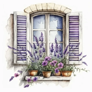 clipart watercolor, detailed, realistic, white background. Window with shutters with lavender flowers on the sill, ledge