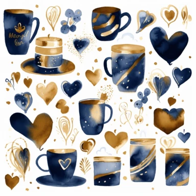 collection of watercolor clipart, hearts and coffee theme, by mary blair, white background, navy blue, gold and chocolate colors, print on demand image, PNG transparent background, white background, 8k