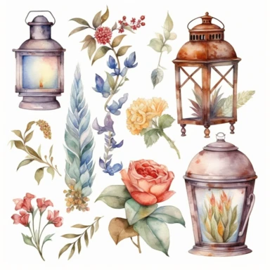 lanterne Cottagecore aquarelle, beautiful watercolor cliparts of old floral wall lamps, magic colors, white background, margin, 8k