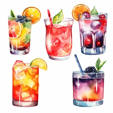 Alcohol cocktail collection. Watercolor illustration. Drinks clipart