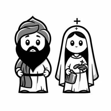 cartoon mary and babny jesus, simple clipart, black and white