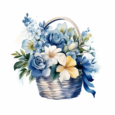 Design a delightful watercolor clipart of a flower basket filled with white blooms and blue accents, against a transparent background, ideal for adding a touch of natural beauty to your beach wedding decorations ,Weeding on the beach, Watercolor, Detailed, sweet, majestic, high resolition, transparent background, no captions