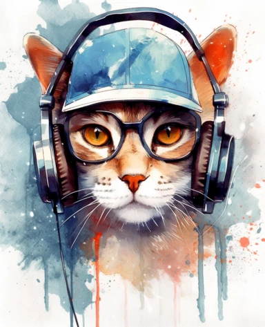 watercolor clipart, cat in headphones with cap, sunglasses, glasses stock vector illustration of feline, in the style of gritty, urban street art, uhd image, realistic watercolors, superimposed text, junglecore, shot on 70mm, masculine