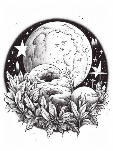 Coloring pages, black and white, linework, clip art, white background. In a circle, a Seedling growing, stars, planet earth .