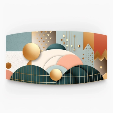 design a paper belly belly band on the theme mid century modern, gold foiling, spot varnish, gold frame, pastel colors, white background, clipart