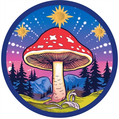 graphic bold, magic mushroom round logo, clipart, Colorado state flag colors