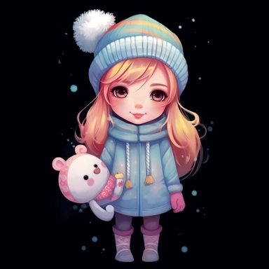 a cute little girl holding a winter hat in cool white snow white hat cliparts,used for printing bags, in the style of oleksandr bogomazov, colorful drawings, eiichiro oda, jonathan wolstenholme, soggy, soft-edged, realistic yet stylized,8k,hd ,black backg