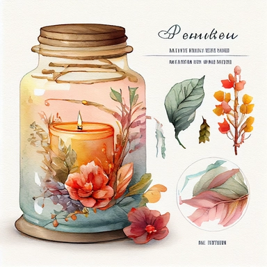 watercolor, hyper realistic, white background, white margins, 16k, ultra detailed clipart, cut out image, hand-drawn A vintage-style clipart featuring a scented candle jar, exuding a warm glow and emitting a fragrant aroma.Use soft and muted colors such as cyan, brown, and rose for a vintage-inspired palette.
