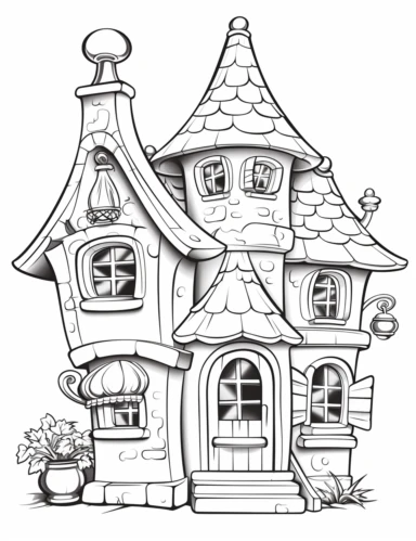 magic fairytale house italian style, viewed from close up, coloring page, uncolored, clip art, 2d outline, minimalist style, ultra clear draw-lines, sharp lines, clear line interspace, clean line interspaces, white line interspaces, thin lines, line art style for serious adult magic coloring book, white background, fill color white, line color black, lot of coloring space that's not cluttered, magic image, magic shape, magic art, fill colour white, stroke colour black, thin even lines