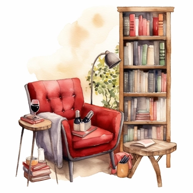 watercolored clipart,a cozy reading corner with a comfortable armchair, a bookshelf and a glas of red Wine