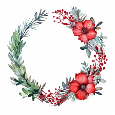 one Christmas round flower frame clipart seamles ornament on a white background, in the style of watercolor landscapes, red and green, no watermark, text, 300 DPI , typography, shapes do not stick together, no text in the picture, on a white background