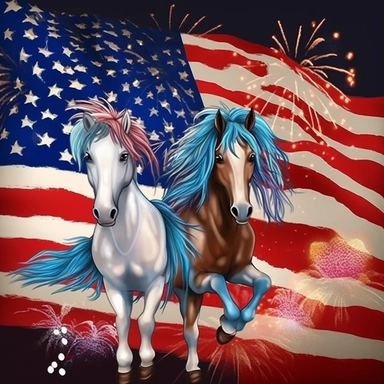 Super cute, American flag with horse and firework Sublimation Clipart, Cartoon funny, Very detailed, blue sky colorful background